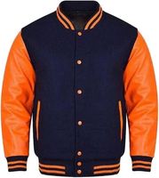 Blouson universitaire homme marine à manches orange, style décontracté automne, réfléchissant, style preppy, pull-over brodé sur le devant, polyester/coton