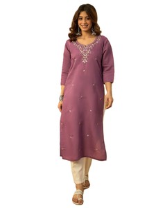 Kurta Recta de Viscosa para Mujer con Bordado Floral de Seda Romana, Estilo Tradicional Informal de India y Pakistán - Product Image 3