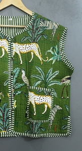 Green Animal Print Quilted Jacket Women <b>Sleeveless</b> Knitted Quilted <b>Coat</b> Vintage Stripe Trimmed Casual Outerwear - Product Image 5