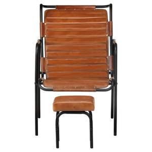 Fauteuil relaxant en cuir véritable brun foncé avec chaise longue en fer thermolaqué - Product Image 3