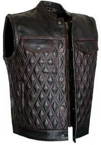 Chaleco de Cuero para Motociclistas, Estilo Club, Acolchado, con Costuras Rojas, para Hombre, Marca Hunt Club - Product Image 6