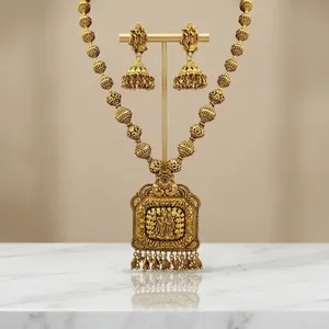 Magnifique ensemble de collier long de créateur avec boucles d'oreilles, finition or mat de qualité supérieure, pour collection de mariage pour femmes - Product Image 2