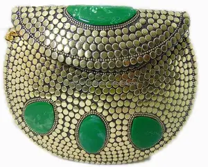인도 금속 모자이크 클러치 지갑 에스닉 클러치 백 보석 돌 디자인 금속 스터드 작업 파티 클러치 백