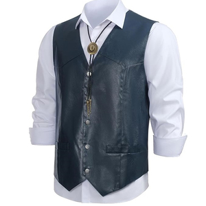 Custom Logo <b>Men</b> <b>Leather</b> Vest Cowhide <b>Leather</b> Biker <b>Waistcoat</b> Heavy Duty Button Closure Outerwear Clothing With Front Pockets - Product Image 2