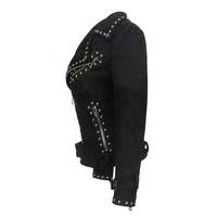 Veste en cuir véritable pour femme, style motard, noire, coupe slim, style punk, avec clous métalliques, veste en cuir pour femme
