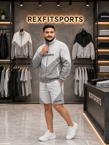ชุดแจ็คเก็ตและกางเกงขาสั้นไนลอนแบบกำหนดเอง REXFIT SPORTS 2026 สำหรับผู้ชาย ชุดกีฬาน้ำหนักเบา เสื้อกันลม ชุดวอร์ม สตรีทแวร์ - Product Image 2