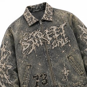 Custom Street Style Acid Wash <b>Denim</b> Jacket Vintage Graphic Print Distressed Zip Up Casual Jean <b>Coat</b> For Unisex Wear - Product Image 4