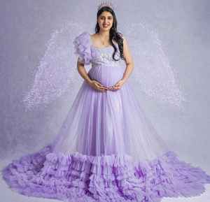 Vestido de Maternidad Largo de Tul Morado Sólido para Sesión de Fotos, Vestido de Maternidad para Fotografía de Embarazo, Talla Grande - Product Image 3