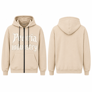 Sweat-shirt à capuche zippé beige pour homme, en coton épais, avec graphisme vieilli sur le devant, poches latérales, style streetwear décontracté - Product Image 6