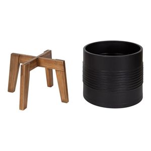 Minimalist Wooden Flower <b>Stand</b> with White Metal Planter for Indoor Use - Product Image 2