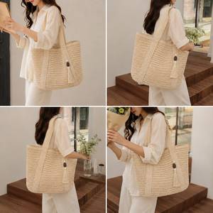 Custom Luxury Handwoven <b>Straw</b> Tote <b>Bag</b> Beige Raffia Mesh Beach <b>Bag</b> with Tassel Wooden Beads Large Summer Resort Women Handbag - Product Image 3