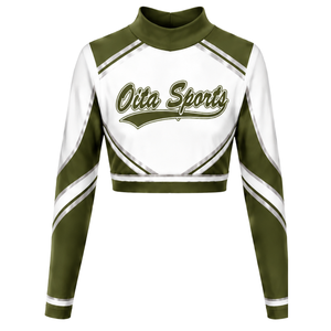 Maillot de cheerleading sublimé vert olive et blanc à manches longues – Tenue de sport athlétique pour l'entraînement, la pratique et la compétition - Product Image 1