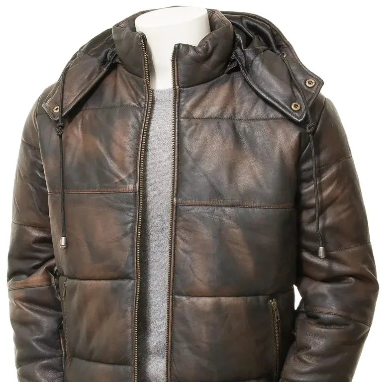 Custom Puffer Down Jacket Homens Couro Respirável Feito de Cowskin Zipper Casaco De Couro Com Capuz para Homens Plus Size