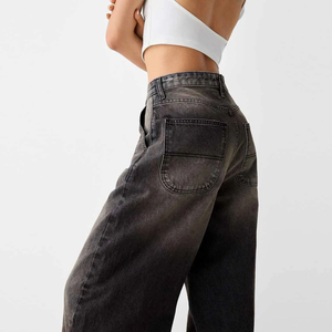 Jean décontracté unisexe à jambe large, coupe droite, délavé moyen, taille mi-haute, en denim tricoté, style streetwear, vente en gros OEM ODM - Product Image 6