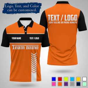 Polo à manches courtes pour homme, orange et noir, couleur unie, séchage rapide, tricoté, sportif, logo imprimé sur le devant, texte et couleur personnalisables - Product Image 1