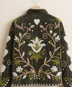 <b>Women</b> Olive Green <b>Velvet</b> Embroidered Suzani <b>Jacket</b> with Floral Print Full Sleeve Stand Collar Handmade Bohemian Autumn Outerwear - Product Image 4