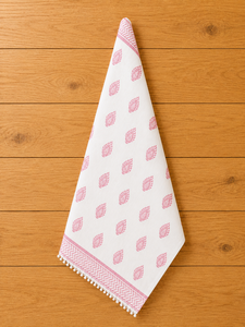 Essuie-tout de cuisine en lin imprimé |   Essuie-mains en lin à motif cachemire rose avec bordure décorative et garniture en pompons - Product Image 5