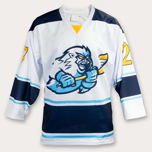 Camiseta de Hockey sobre Hielo Personalizada para Hombre, Blanca y Azul, con Logotipo de Dibujos Animados, Impresión Sublimada, Cuello en V, Manga Larga, Ecológica, Transpirable y Absorbente de Humedad - Product Image 1