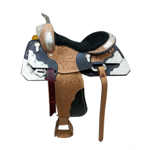Selle de cheval Western en cuir tanné pour barrel racing, motif floral gravé à la main, motif argenté, assise en daim noir, de 10 à 18 pouces, fabricant indien - Product Image 1