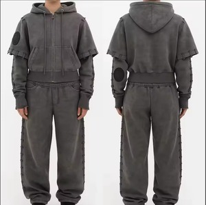 Ensemble de survêtements décontractés vintage en coton léger uni pour homme, avec broderie personnalisée et patchs, deux pièces - Product Image 3