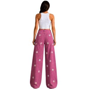 Jean en denim rose pour femme, coupe large, broderie florale, taille haute, ample, style streetwear décontracté, personnalisable OEM ODM, vente en gros - Product Image 2