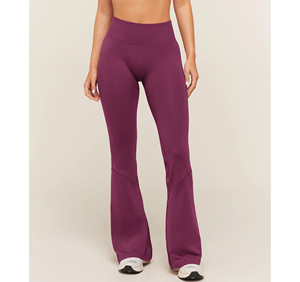 Women 2 Piece Set High Waist Elastic Waist <b>Flared</b> Yoga Pants Solid Color Seamless Breathable Stretch Ankle Length Purple - Product Image 3