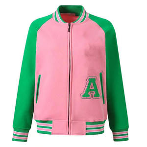 Chaqueta Varsity Unisex Verde y Rosa de Forro Polar, Transpirable, de Invierno, Premium, con Bordado de Chenilla Satinado, Estilo Griego, con Cierre - Product Image 1