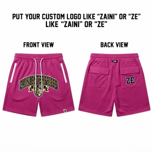 <b>Men</b> Cotton Mesh <b>Shorts</b> 120g Premium Magenta Pink <b>White</b> Side Panel Custom Logo Printed Drawstring Basketball Sports Anti-Wrinkle - Product Image 1