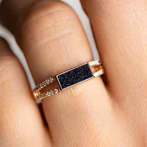 Anillos de Piedra Arenisca Azul en Forma de Baguette, Anillo de Compromiso y Boda, Plata de Ley 925, Chapado en Oro de 14K, Anillo Delicado para Apilar - Product Image 4