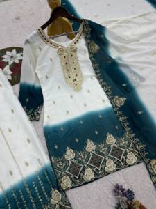 Conjunto de top de georgette con bordado de diseño, pedrería Kundan y relleno bicolor, con pantalón y dupatta, completamente cosido. - Product Image 6