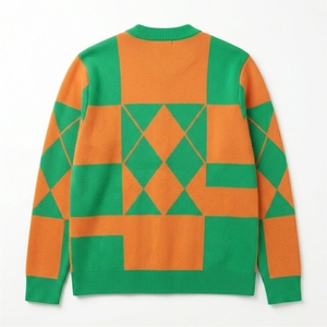Suéteres de Otoño para Mujer, Color Verde Naranja, Tejido Geométrico, Lana/Cachemira, Antiarrugas, Casual, Manga Larga, Cuello en V, con Cinturón - Product Image 2