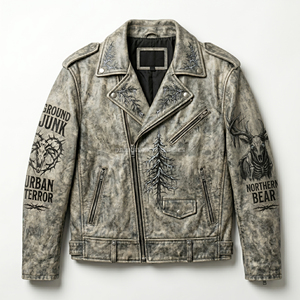 Chaqueta de Cuero para Hombre con Estampado Personalizado, Estilo Motero, Color Gris Desgastado, Diseño de Esqueleto de Ciervo, Estilo Punk Rock, Ropa Urbana - Product Image 2