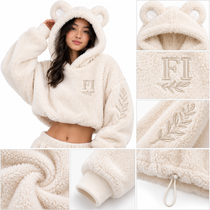 Fuzzy <b>Bear</b> Ear Hoodie Crop Top Custom Embroidered Details Oversized Fleece Unisex Winter Men's <b>Hoodies</b> Casual Winter Wear USA - Product Image 3