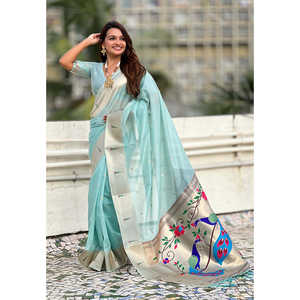 Sari de Organza Azul Cielo con Bordado Paithani Zari, Vestidos Elegantes de Cóctel - Product Image 3