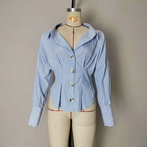 Blusa Elegante para Mujer, con Cuello Camisero, Plisada, Cintura Ajustada, Rayas, Manga Larga, Cierre de Botón, para Oficina y Uso Diario - Product Image 5