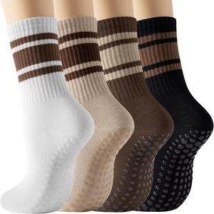 Custom Logo Grip <b>Socks</b> Crew <b>Socks</b> Striped <b>White</b> Brown Knitted for <b>Women</b> Non Slip Cotton Pilates Yoga Barre Workout Autumn - Product Image 1