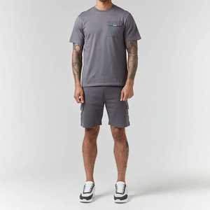 Men's Gray Solid Color Casual Summer Shirt Set With <b>Cargo</b> Shorts And <b>White</b> Sneakers - Product Image 1