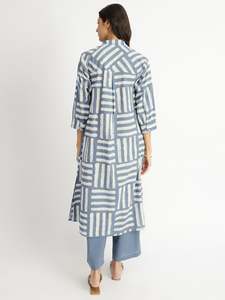Geometric Print <b>Maxi</b> <b>Dress</b> Turn-down Collar Three Quarter Sleeve Loose Fit Woven <b>Linen</b> Cotton Casual Daily Wear Breathable - Product Image 1