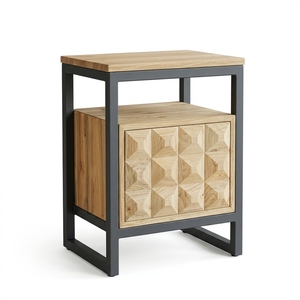 Dice <b>Side</b> Table Modern Industrial Solid Wood Nightstand With 3D Geometric Carved Drawers And <b>Black</b> Metal Frame Bedside Furniture - Product Image 1