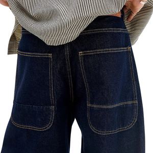 Pantalon en jean large pour homme, taille mi-haute, coupe droite ample, bleu foncé, en coton tissé, style streetwear, mode estivale, délavé uni - Product Image 4