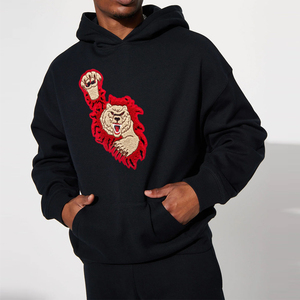 Sweat-shirt à capuche pour homme, noir, broderie lion, coupe oversize, polaire, design avant, décontracté, hiver, 100% coton, coupe-vent, respirant - Product Image 1