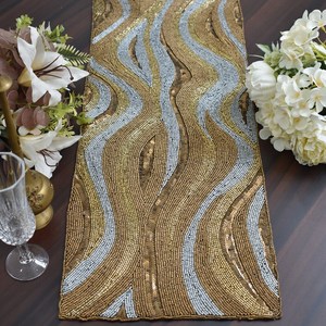 Rectangular Beaded <b>Table</b> Runner Fabric Mats Glam Handmade Gold Silver Wave Design - Product Image 3