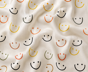 Organic <b>Medium</b> Weight Woven Cotton Cambric Retro Smile Smiley Earth-Toned <b>Fabric</b> - Product Image 1