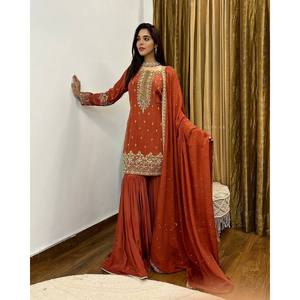 Conjunto de traje de fiesta de talla XL para mujer de diseñador Top DE TRABAJO bordado-Plazzo y Dupatta para ocasiones formales - Product Image 3