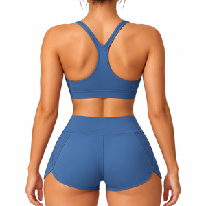 Custom Logo <b>Women</b> Washed Fitness <b>Short</b> & Bra Yoga Set High Waist Sports <b>Shorts</b> Quick Gym Set - Product Image 2