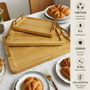 Bamboo Serving Tray with Metal Handle Eco-Friendly Wood Plate Dish for Coffee Tea Dessert <b>Breakfast</b> Parties-Polished Laser Logo - Product Image 3