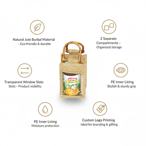 Sac fourre-tout en toile de jute à 2 compartiments avec poignées en canne et fentes transparentes |   Sac cadeau promotionnel doublé de PE avec impression de logo - Product Image 6