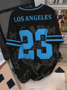 Maillot de football surdimensionné personnalisé noir et bleu en maille, imprimé papillon, streetwear unisexe, t-shirt de sport, vente en gros OEM - Product Image 3