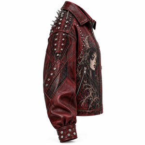 Studded Spiked Red Leather <b>Jacket</b> Gothic Graphic Print <b>Womens</b> Point Collar Zip Pocket Bomber Coat Custom Factory Service Provide - Product Image 3