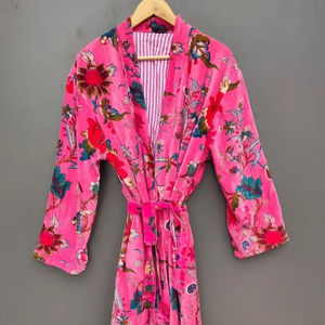 Bata Kimono de Algodón 100% Tejido con Estampado de Dibujos Animados para Mujer, Camisón de Verano Hecho a Mano, Cuello en V, Cintura Elástica, Largo Completo, ODM - Product Image 5